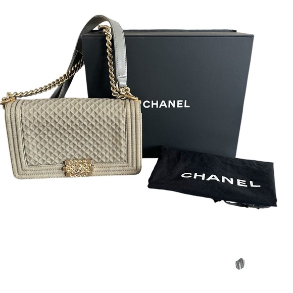 CHANEL Handbags - “SOLD” Authentic Chanel Boy Flap Quilted Olive Denim Bag